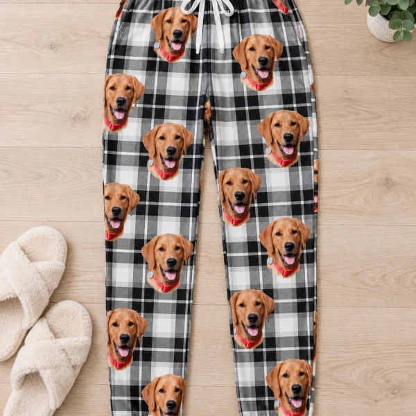Flat lay of a pajama pants women: pants covered in golden retriever faces — MyDogPics