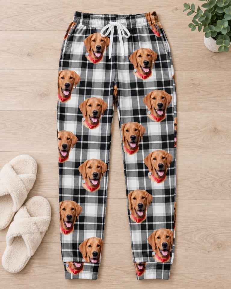 Flat lay of a pajama pants women: pants covered in golden retriever faces — MyDogPics