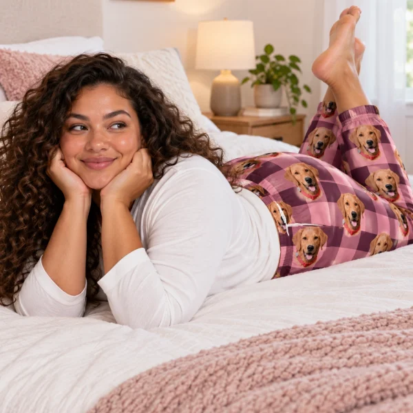 Woman posing in a pajama pants women, golden retriever faces on pink plaid fabric — MyDogPics