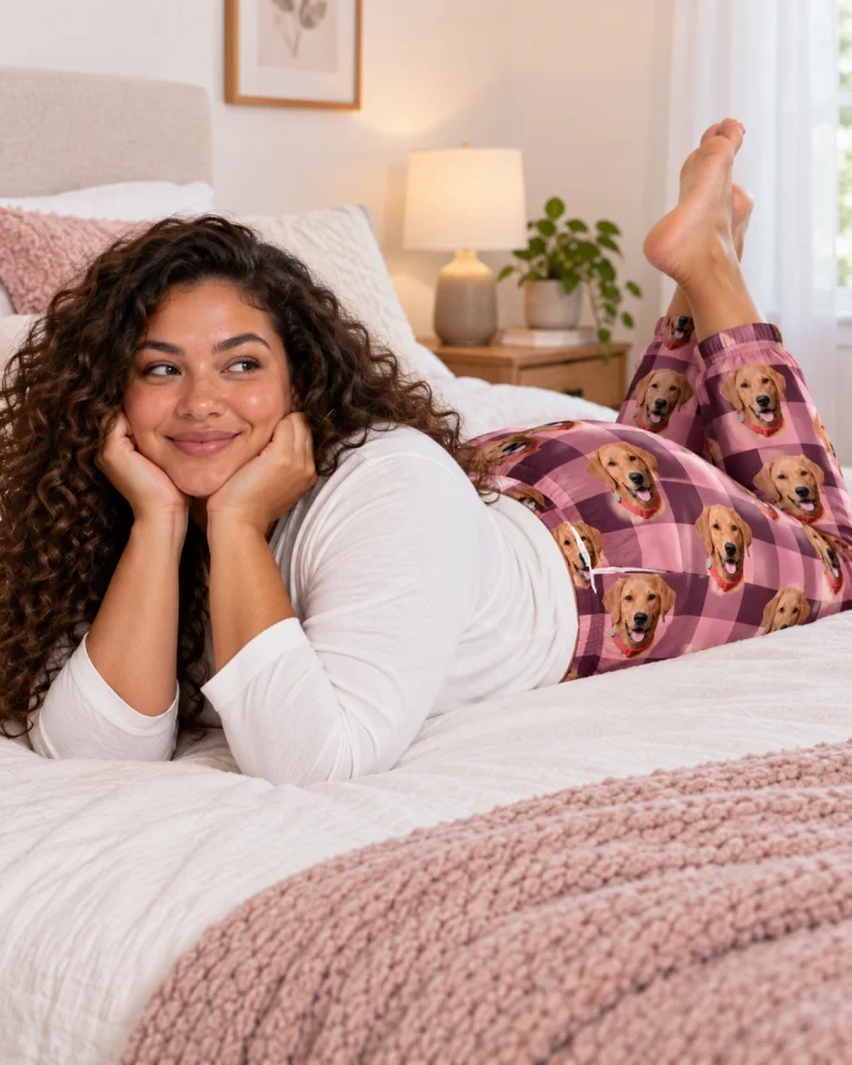 Woman posing in a pajama pants women, golden retriever faces on pink plaid fabric — MyDogPics
