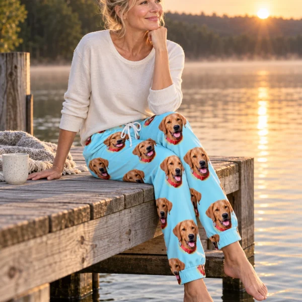 Woman sitting in a pajama pants women covered in golden retriever faces — MyDogPics