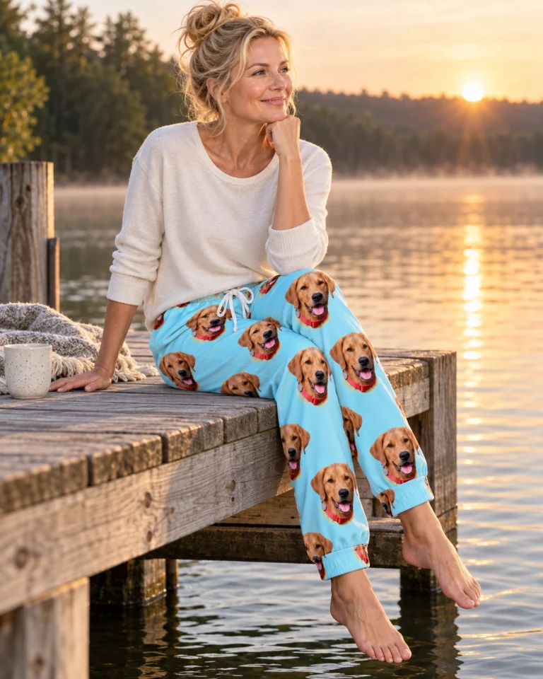 Woman sitting in a pajama pants women covered in golden retriever faces — MyDogPics