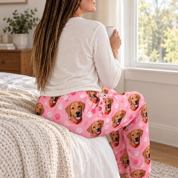 Woman sitting in a pajama pants women covered in golden retriever faces — MyDogPics