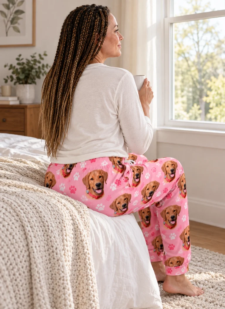 Woman sitting in a pajama pants women covered in golden retriever faces — MyDogPics