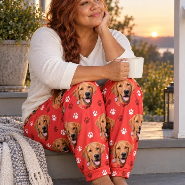 Woman sitting in a pajama pants women covered in golden retriever faces — MyDogPics