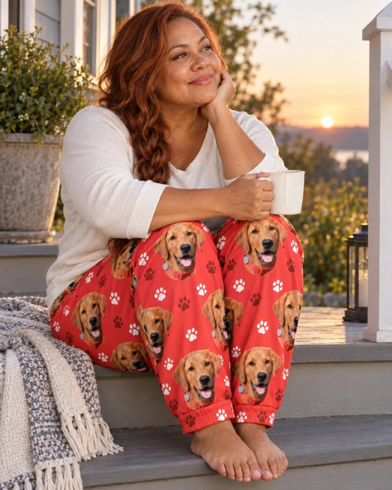 Woman sitting in a pajama pants women covered in golden retriever faces — MyDogPics