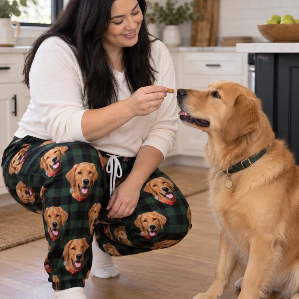 Woman in a pajama pants women with her golden retriever — MyDogPics