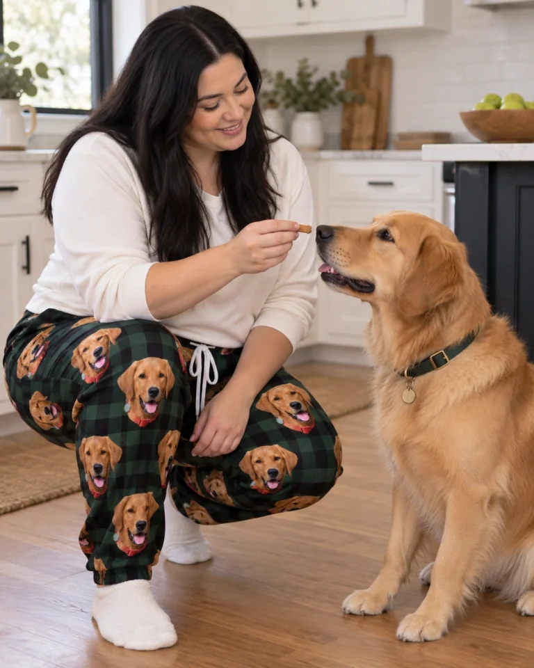 Woman in a pajama pants women with her golden retriever — MyDogPics