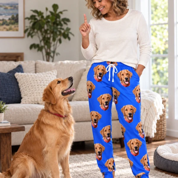 Woman in a pajama pants women standing next to her golden retriever — MyDogPics