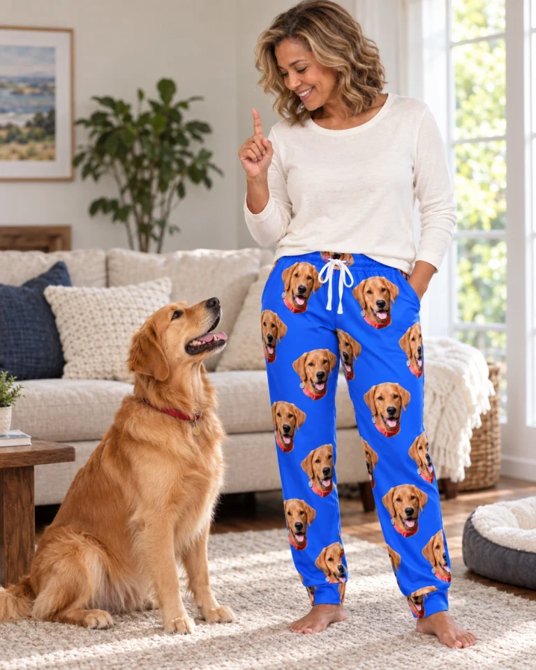 Woman in a pajama pants women standing next to her golden retriever — MyDogPics