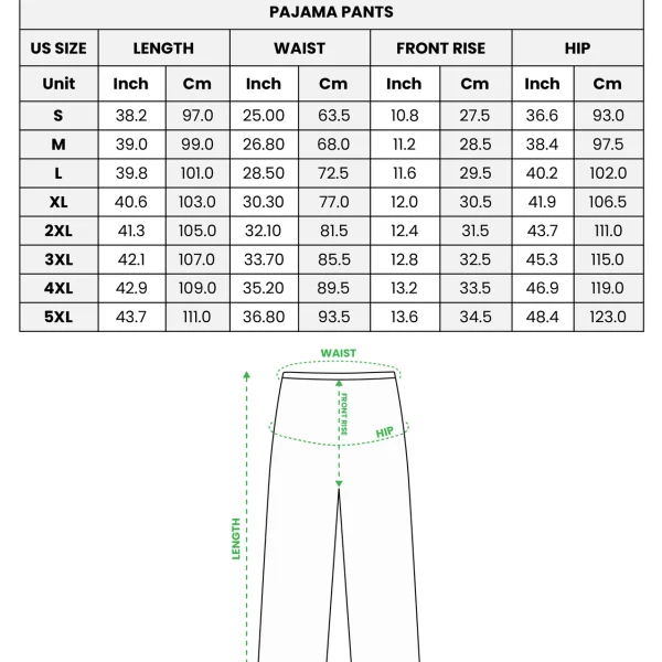 Pajama set size chart — pants (S–5XL) in inches and cm — MyDogPics