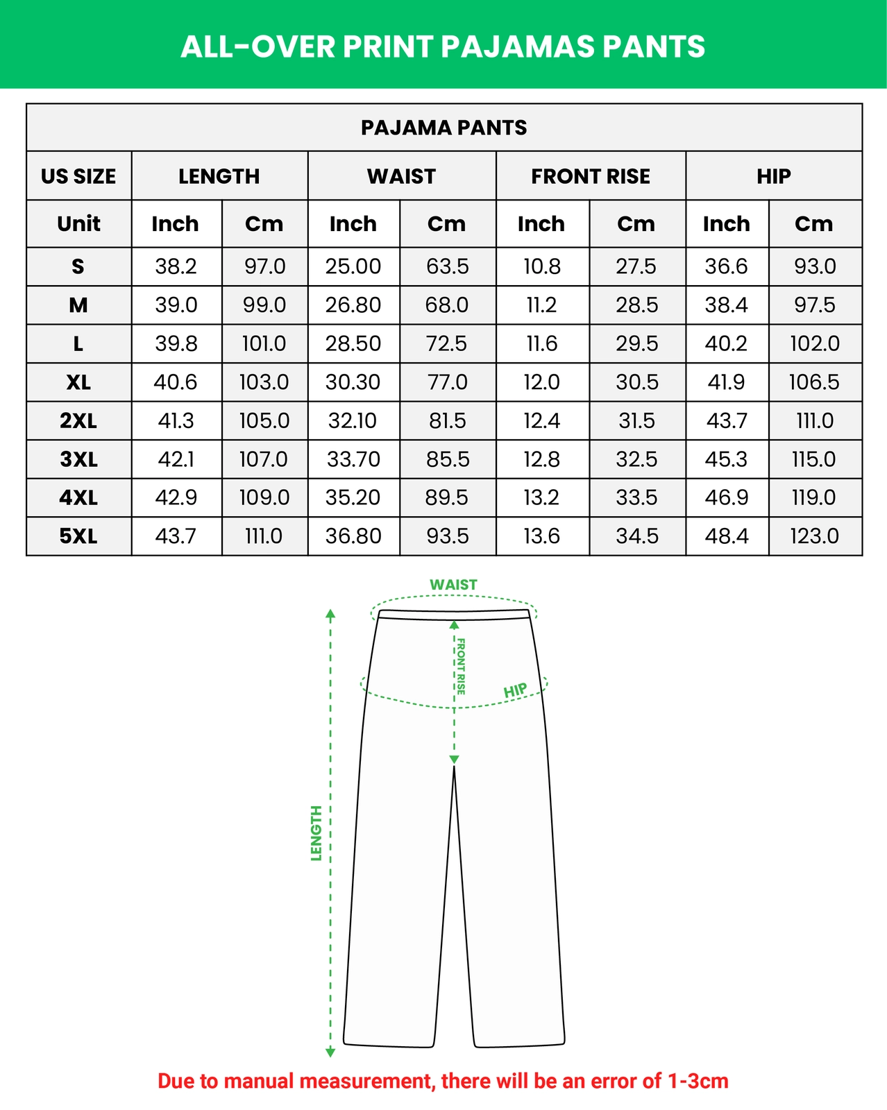 Pajama set size chart – pants (S–5XL) | MyDogPics Pajama set size chart — pants (S–5XL) in inches and cm — MyDogPics