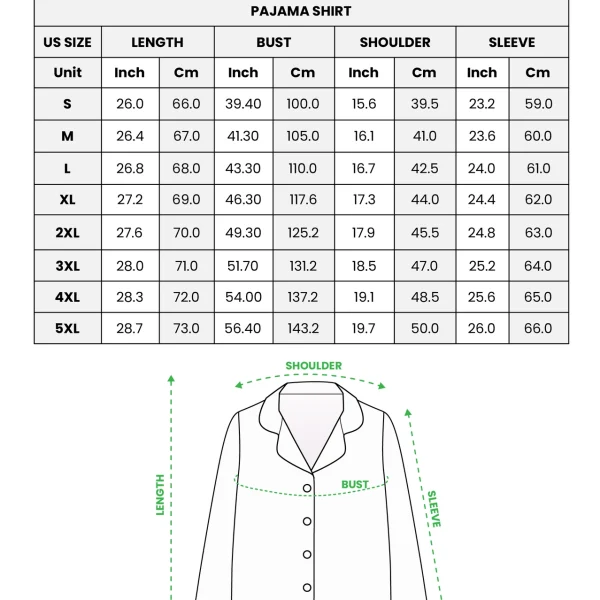 Pajama set size chart — shirt (S–5XL) in inches and cm — MyDogPics