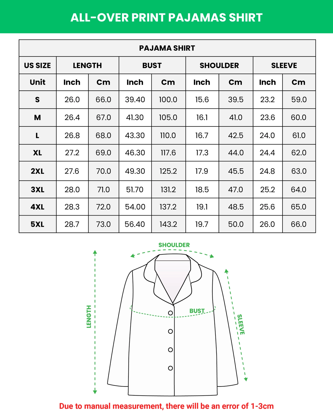 Pajama set size chart – shirt (S–5XL) | MyDogPics Pajama set size chart — shirt (S–5XL) in inches and cm — MyDogPics