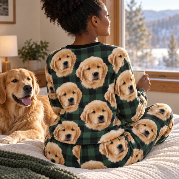 Back view of a pajama sets for women: the print continues all the way round — MyDogPics