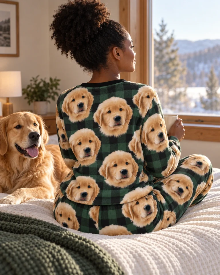 Back view of a pajama sets for women: the print continues all the way round — MyDogPics