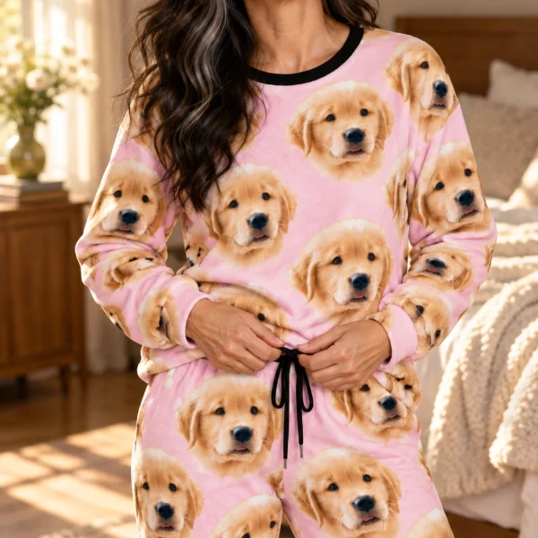 Close-up of the pajama sets for women print: golden retriever puppy faces on blush pink fabric — MyDogPics