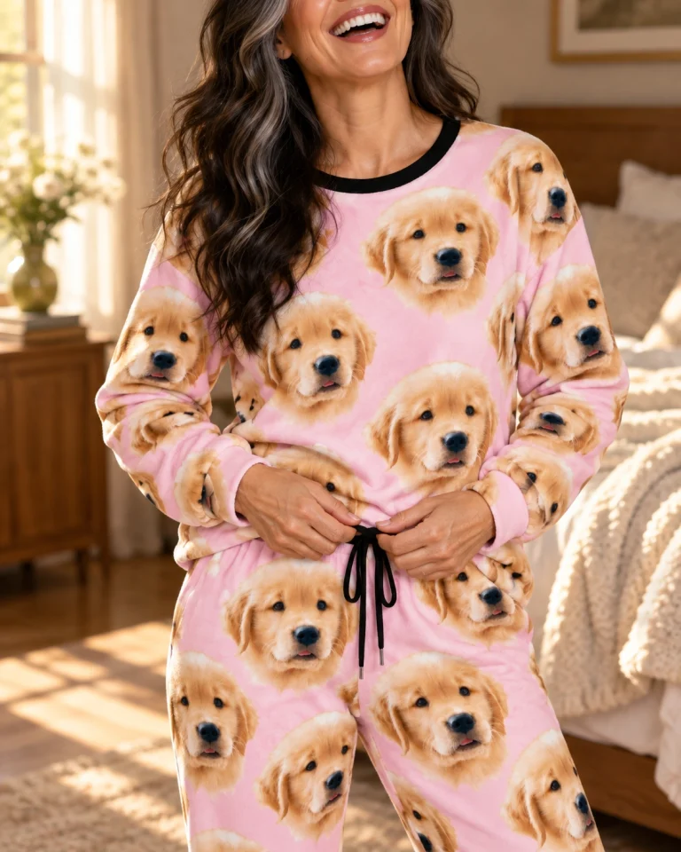 Close-up of the pajama sets for women print: golden retriever puppy faces on blush pink fabric — MyDogPics