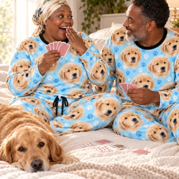 Woman and her partner in matching pajama sets for women with golden retriever puppy faces — MyDogPics