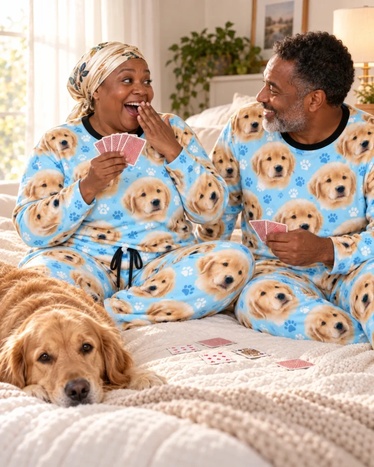 Woman and her partner in matching pajama sets for women with golden retriever puppy faces — MyDogPics