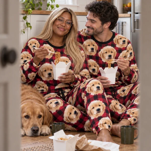 Woman and her partner in matching pajama sets for women with golden retriever puppy faces on red plaid fabric — MyDogPics