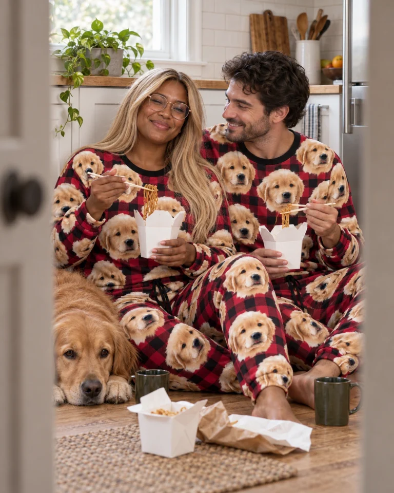 Woman and her partner in matching pajama sets for women with golden retriever puppy faces on red plaid fabric — MyDogPics