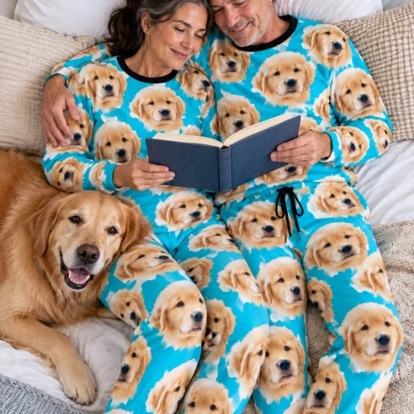 Woman and her partner in matching pajama sets for women with golden retriever puppy faces on teal fabric — MyDogPics