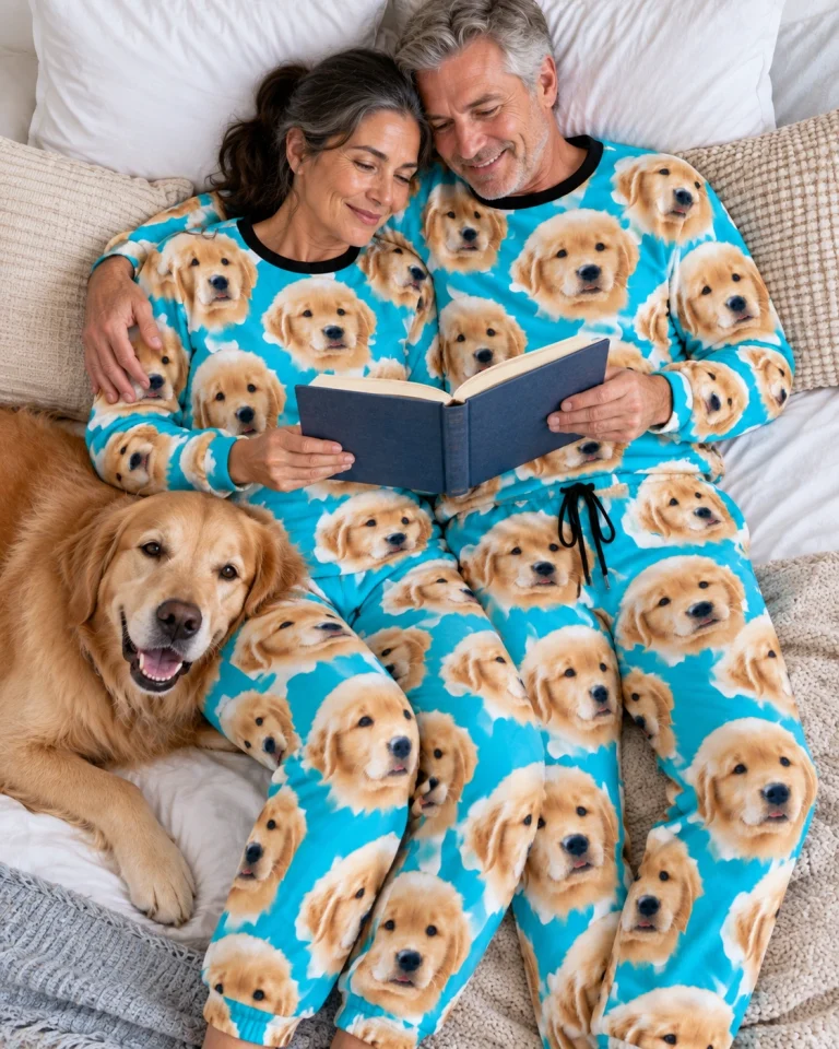 Woman and her partner in matching pajama sets for women with golden retriever puppy faces on teal fabric — MyDogPics