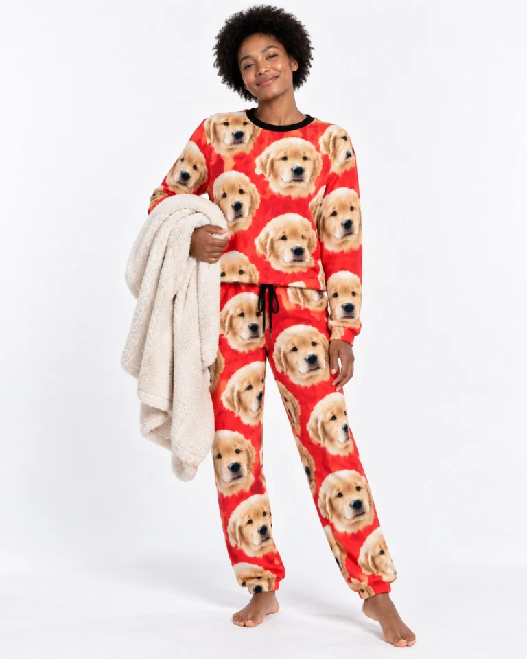 Woman wearing a pajama sets for women covered in golden retriever puppy faces on red fabric — MyDogPics