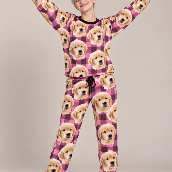 Woman posing in a pajama sets for women, golden retriever puppy faces on pink plaid fabric — MyDogPics