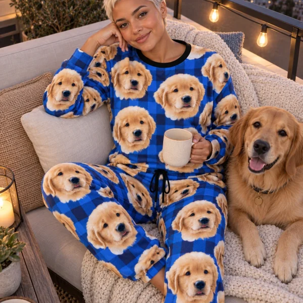 Woman in a pajama sets for women with a golden retriever — MyDogPics