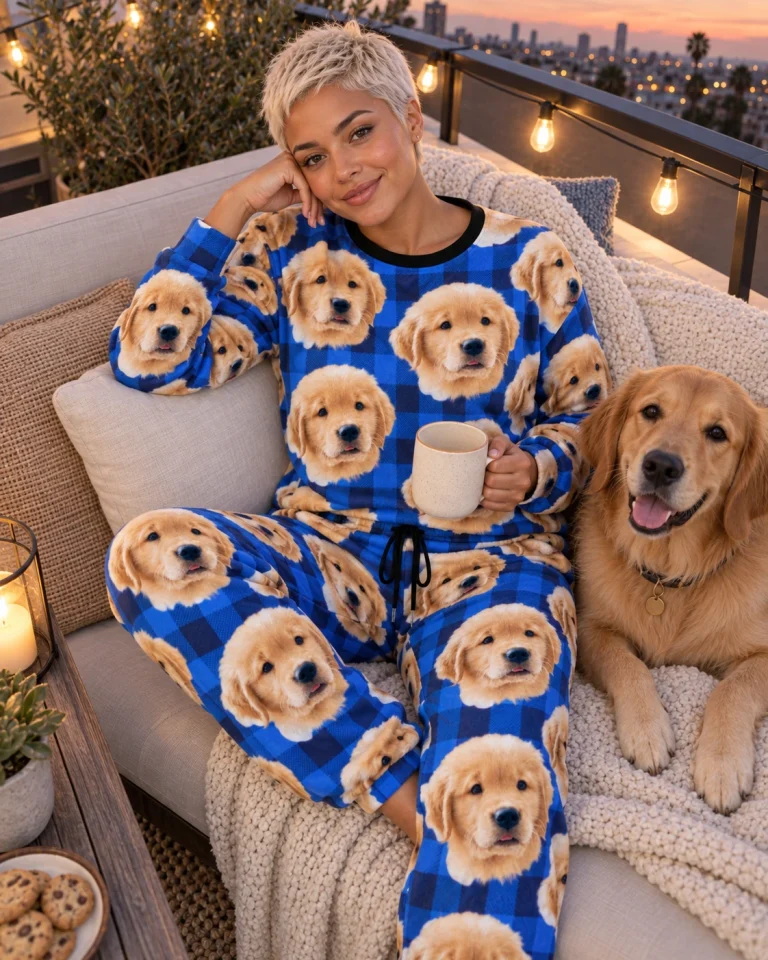 Woman in a pajama sets for women with a golden retriever — MyDogPics