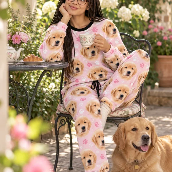 Woman in a pajama sets for women with a golden retriever — MyDogPics