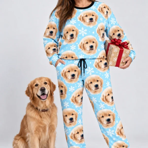 Woman in a pajama sets for women with a golden retriever — MyDogPics