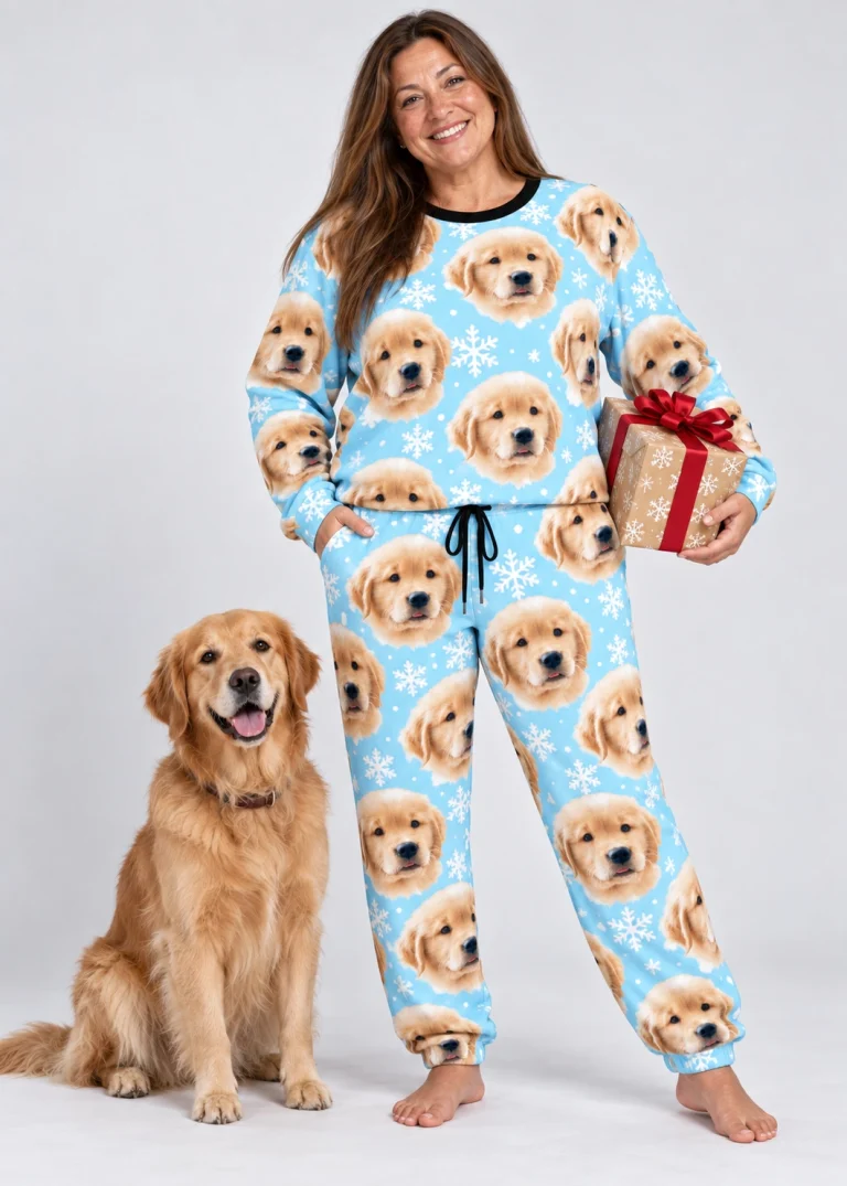 Woman in a pajama sets for women with a golden retriever — MyDogPics