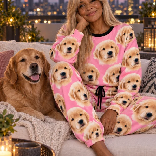 Woman in a pajama sets for women with a golden retriever — MyDogPics