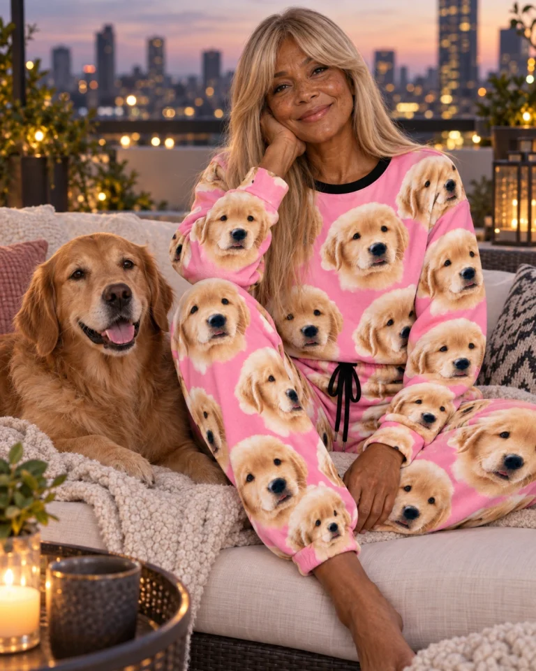 Woman in a pajama sets for women with a golden retriever — MyDogPics