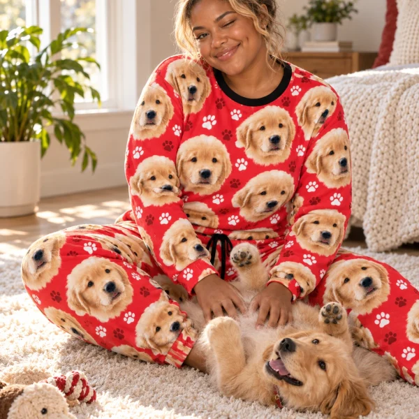 Woman in a pajama sets for women with her golden retriever puppy — MyDogPics