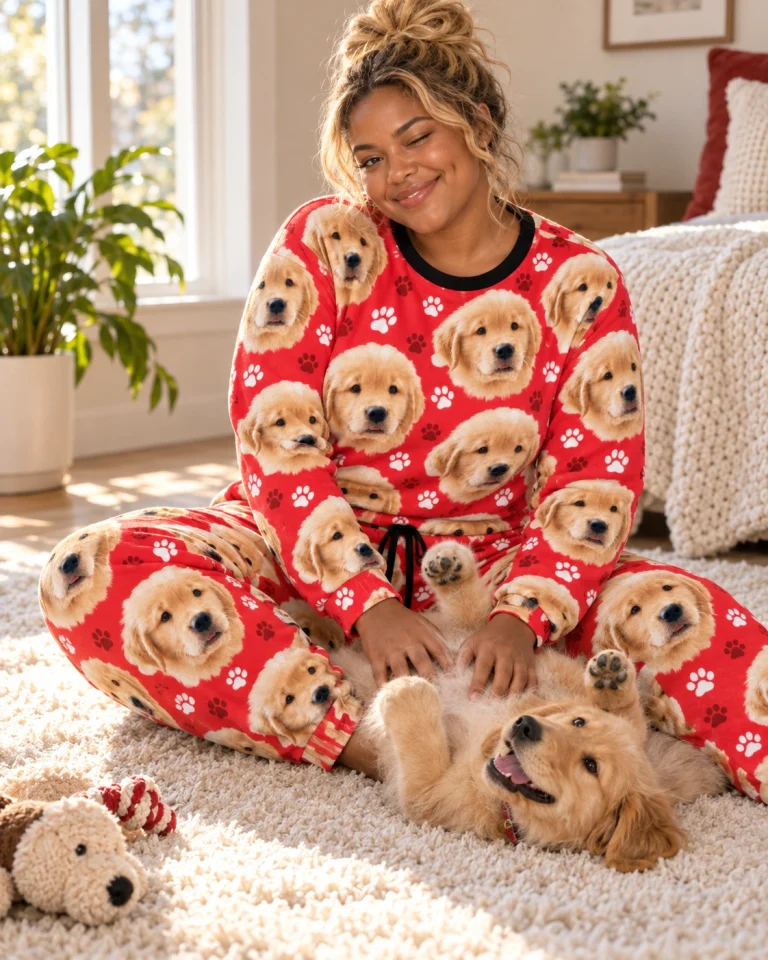 Woman in a pajama sets for women with her golden retriever puppy — MyDogPics