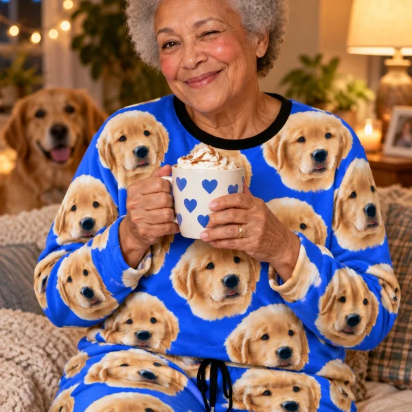 Woman in a pajama sets for women with a golden retriever — MyDogPics