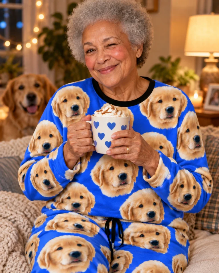 Woman in a pajama sets for women with a golden retriever — MyDogPics