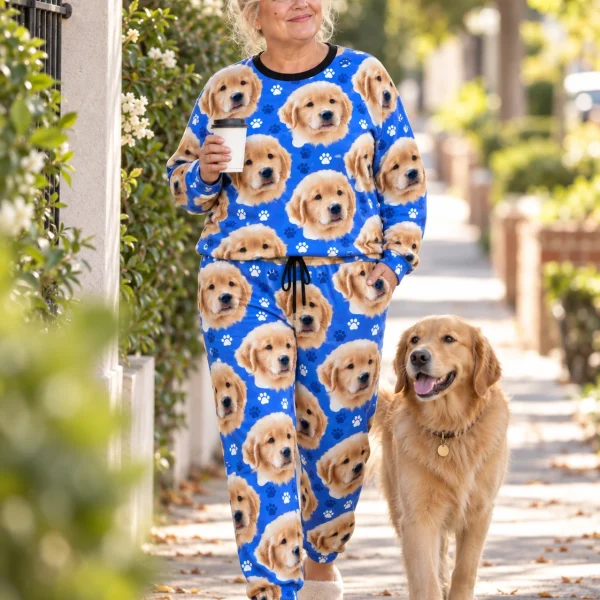 Woman in a pajama sets for women with a golden retriever — MyDogPics