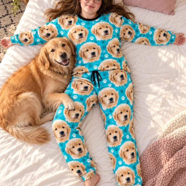 Woman in a pajama sets for women with a golden retriever — MyDogPics