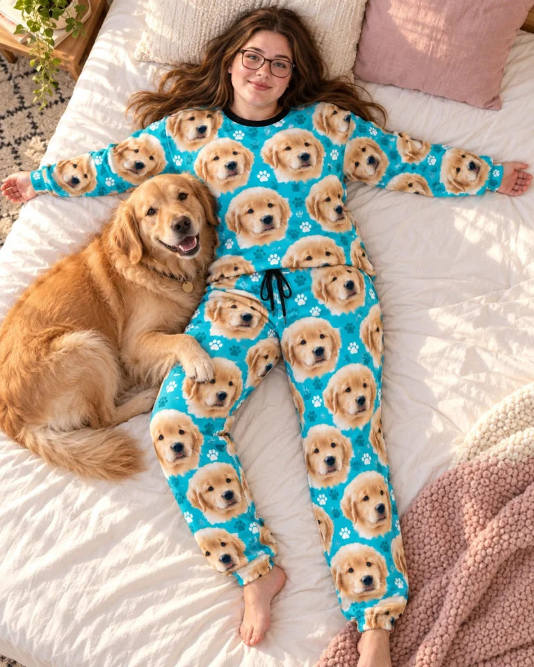 Woman in a pajama sets for women with a golden retriever — MyDogPics