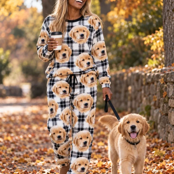 Woman in a pajama sets for women with her golden retriever puppy — MyDogPics