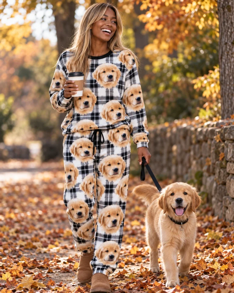 Woman in a pajama sets for women with her golden retriever puppy — MyDogPics