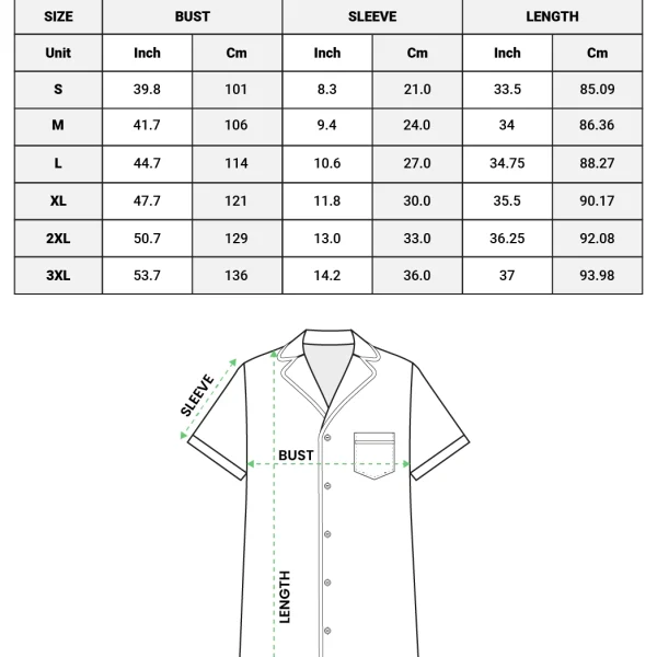 Pajama shirt dress size chart (S–3XL) in inches and cm — MyDogPics