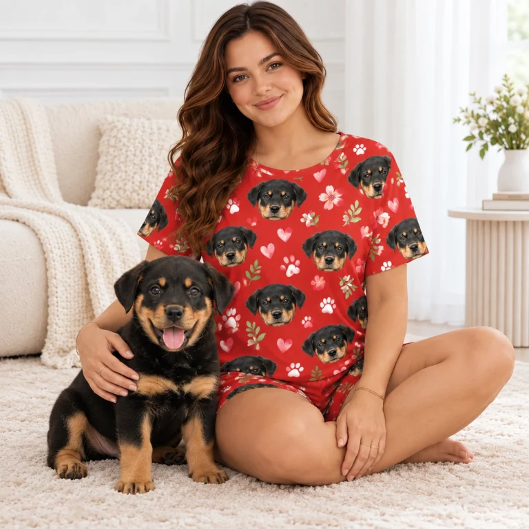 Woman in a pajama short set cuddling her Rottweiler puppy — MyDogPics