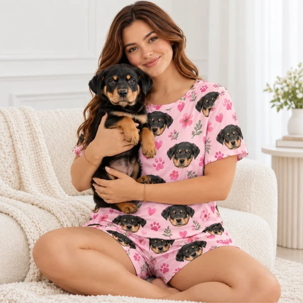 Woman in a pajama short set holding her Rottweiler puppy — MyDogPics