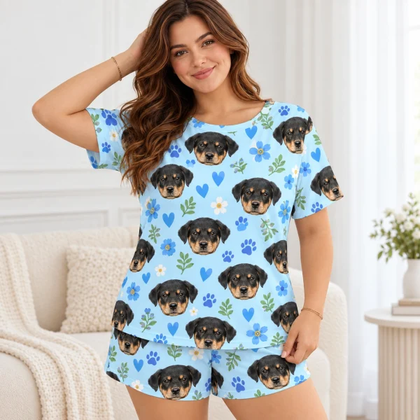 Woman posing in a pajama short set with Rottweiler puppy faces — MyDogPics